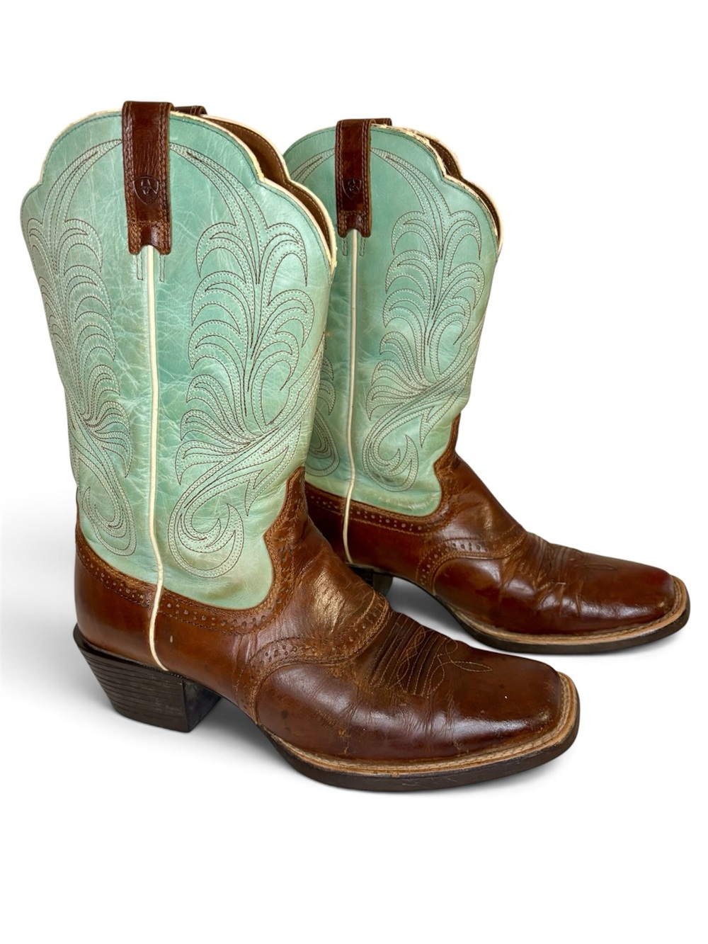 Ariat Mint & Brown Leather Western Pull-On Boots-size8.5B